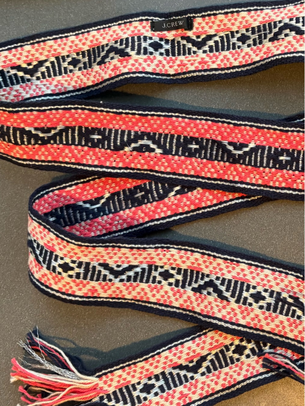 J.Crew jacquard belt features woven pink, navy, and white pattern fringed edges - Picture 2 of 6